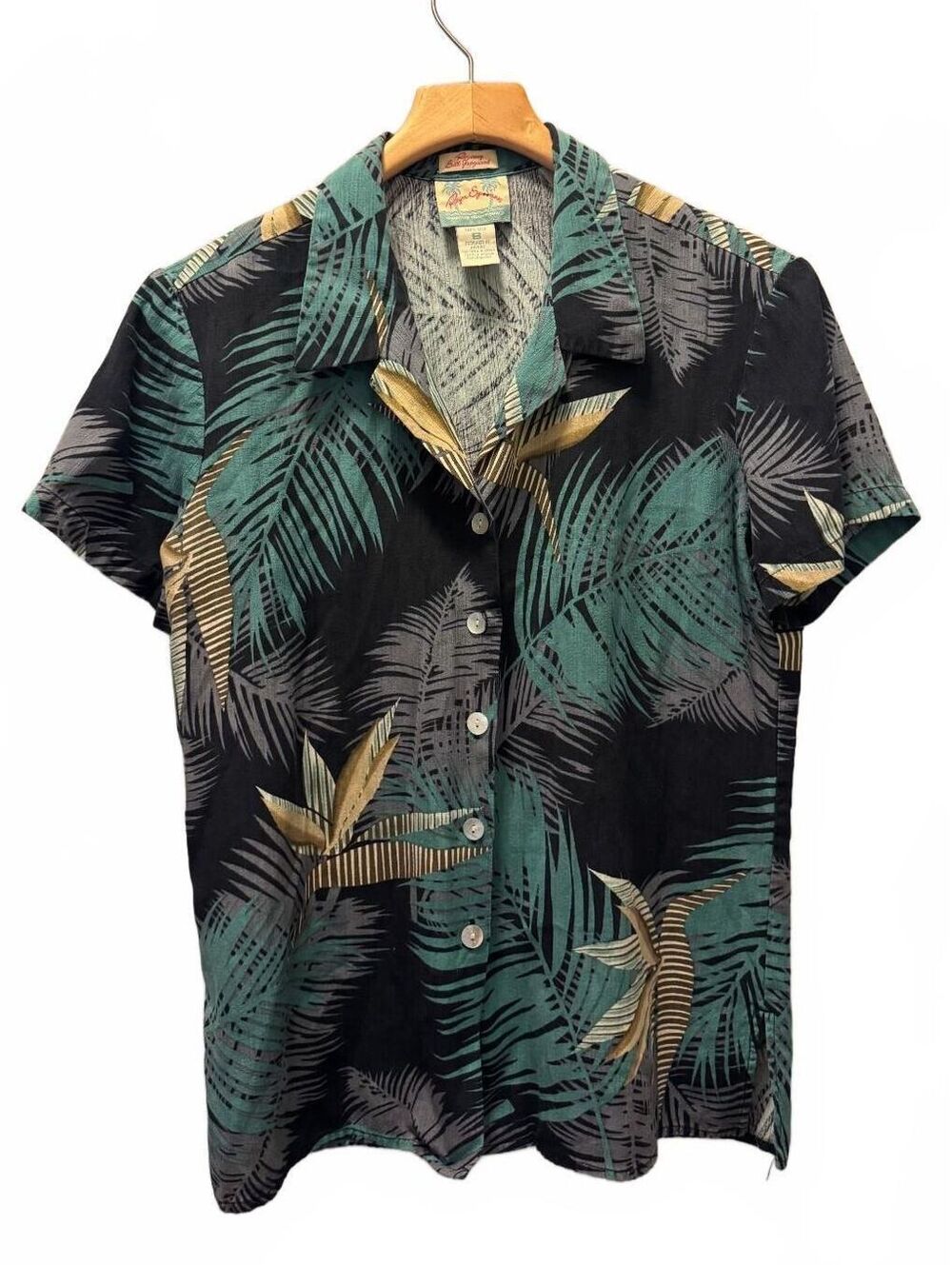 Reyn Spooner Women's Silk Hawaiian Button Up Shirt Blue Tropical Palm Leaf Small